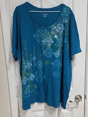 Catherines NWT Teal Short-Sleeve Scoop Neck Printed Top Size 2X 22/24